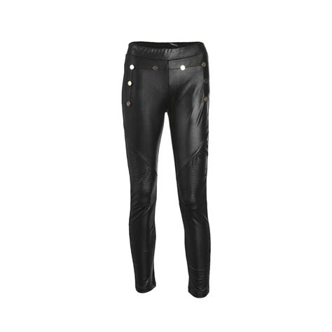 Newly Fashion Women Ladies Pu Leather Pants Stretchy Push Up Pencil Skinny Black Button Pants