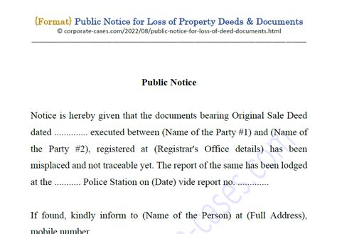 Draft Public Notice For Loss Of Property Deeds And Documents
