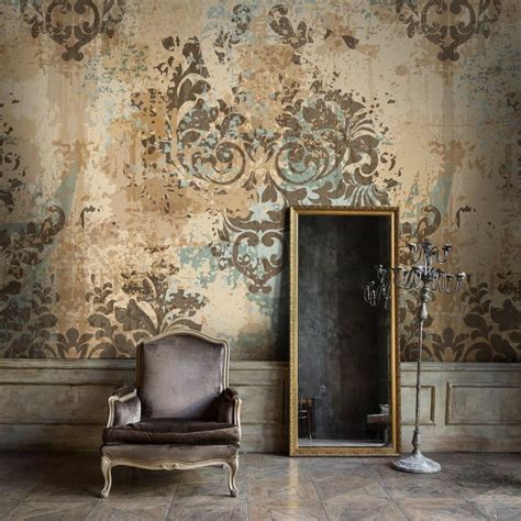 Baroque Style Damask Removable Wallpaper Brown Yellow Vintage Mural