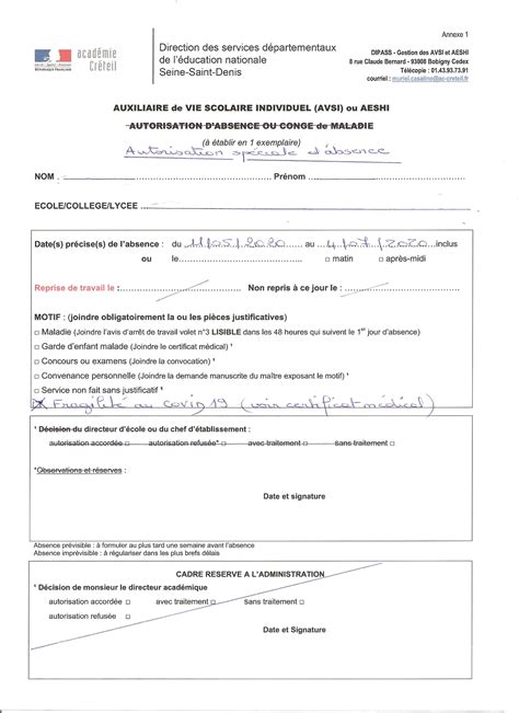 Formulaire Autorisation D Absence Ducation Nationale