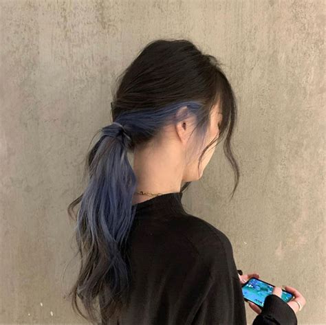Splithalf Black And Blue Dyed Hair Hidden Hair Color Hair Color For