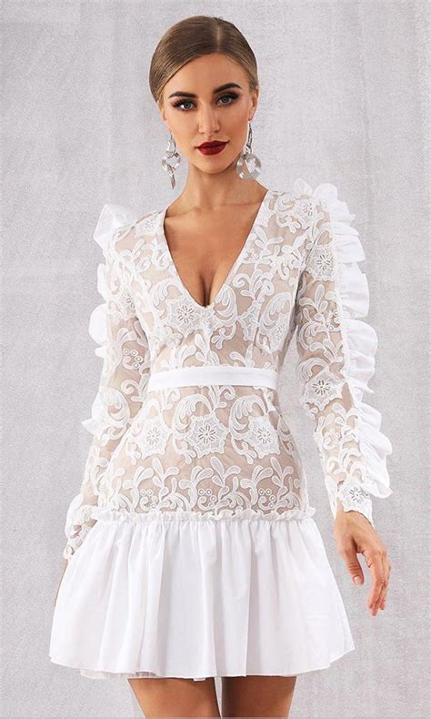 Miss Blissful White Lace Long Sleeve Ruffle V Neck Pleat Flare Bandage Indie Xo