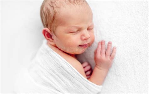 Closeup Portrait Newborn Baby Sleeping Face Hand Under Cheek Stock