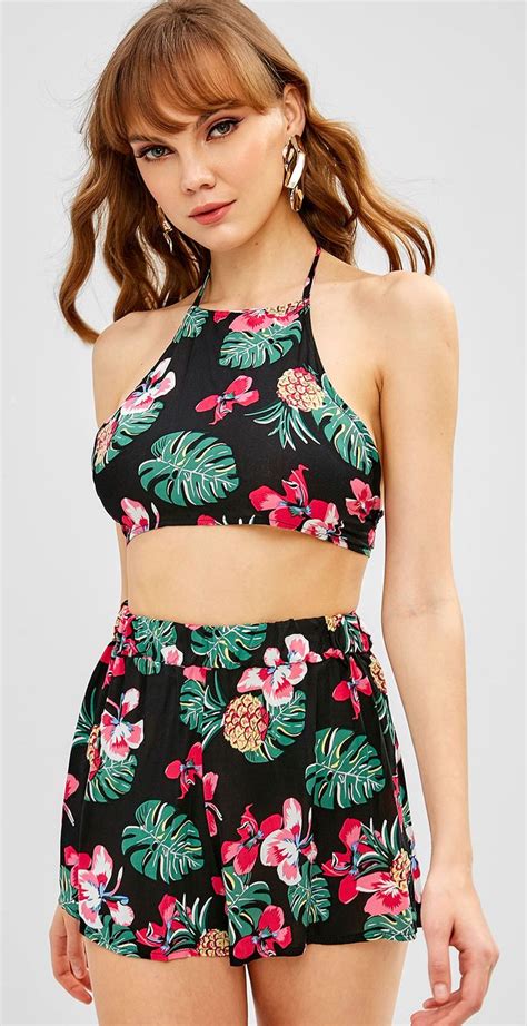 Halter Floral Top And Shorts Set Short Sets Floral Tops Two Piece