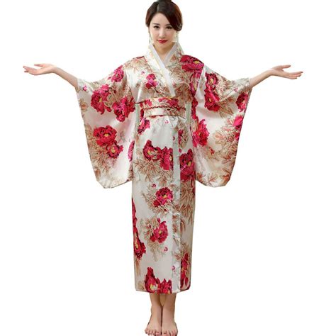 Japanese Traditional Women Silk Rayon Kimono Vintage Yukata With Obi Performance Dance Dress