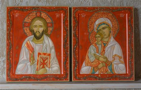 Two Icons Jesus Christ And Virgin Mary Egg Tempera On The Natural Wood