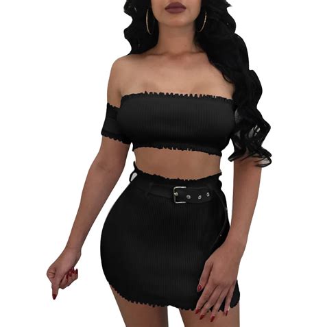 Buy Women 2 Piece Skirt Set Off Shoulder Crop Tops With Mini Bodycon Skirts
