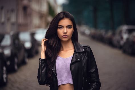 Model Depth Of Field Leather Jacket Woman Girl Brown Eyes Black
