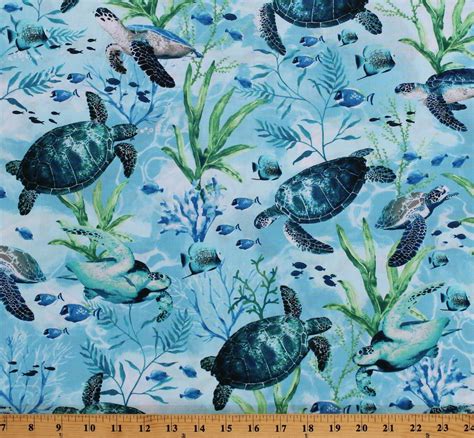 Cotton Sea Turtles Fish Underwater Ocean Aquatic Animals Blue Cotton