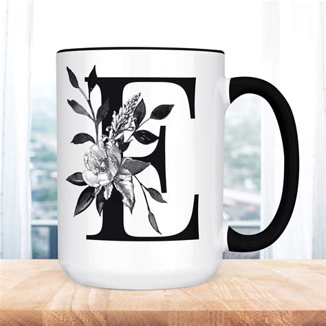 Monogram Coffee Mug Black Floral Misted Ink Black And White Etsy