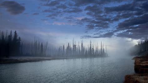 Full Hd Wallpaper Fog River Forest Autumn Alaska Overcast Dawn Desktop