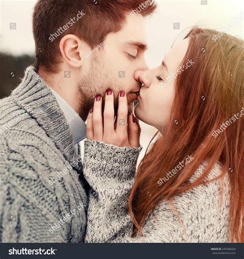 Sensual Kiss Of Two People In Love Closeup Portrait Of