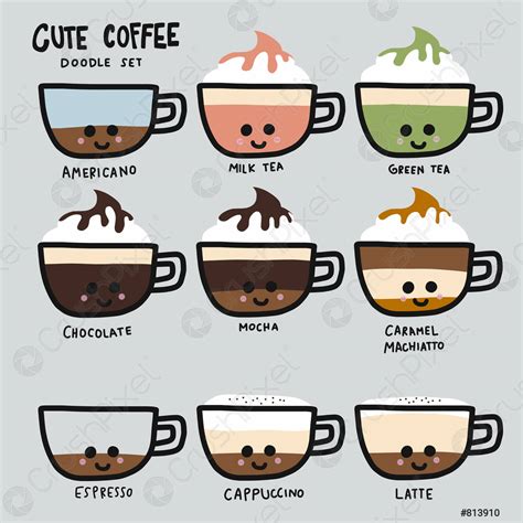Cute Coffee Type Set Doodle Style Cartoon Vector Illustration Stock