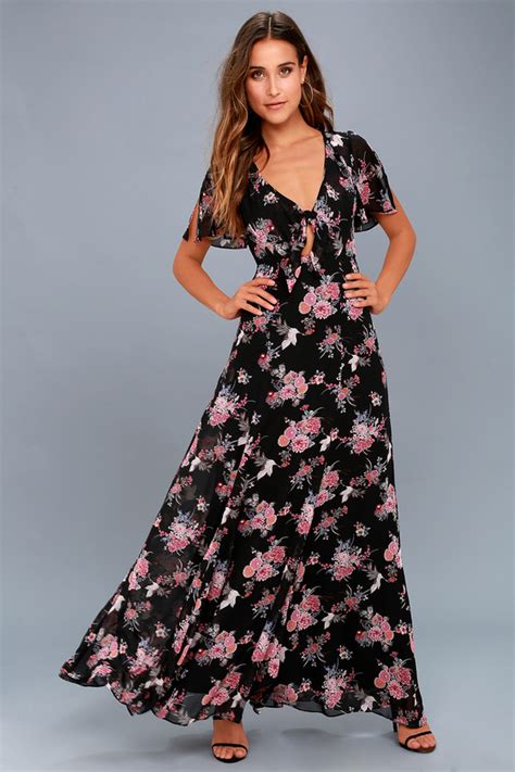 Cute Black Dress Maxi Dress Floral Print Dress Lulus