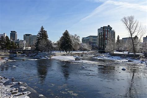 Truckee River Walk In Reno Nevada In Early Morning After Snowstorm