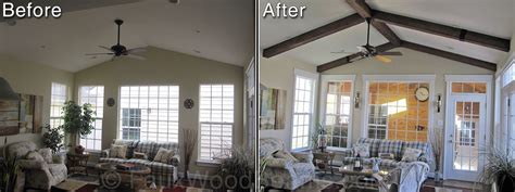 Kitchen design vaulted ceiling with wood beams. Before and after photos of a sun room's vaulted ceiling ...