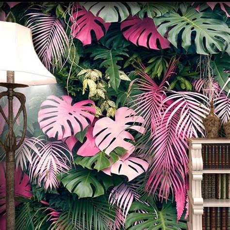 Custom Wallpaper Mural Pink Green Tropical Rainforest Plant