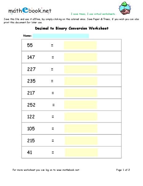Converting Binary Numbers To Decimal Worksheet