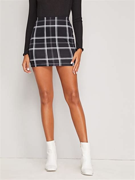 Black And White High Waist Plaid Print Bodycon Mini Skirt Plaid Skirt