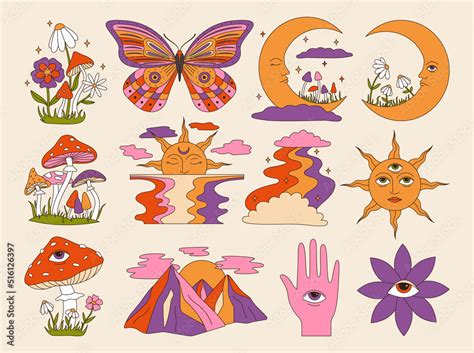 Vector Set Of 60s And 70s Psychedelic Clipart Retro Groovy Mushrooms