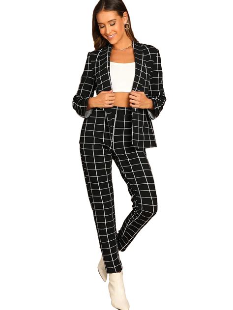 Shein Womens Two Piece Plaid Open Front Long Sleeve Blazer And Elastic