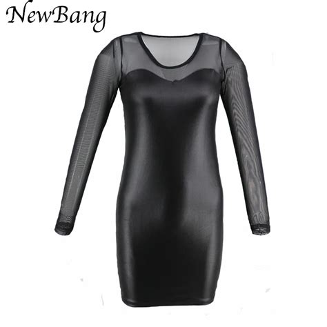 Women Plus Sexy Dress Pu Leather Mesh Patchwork Long Sleeve Dress Bodycon Dress New Black Mini