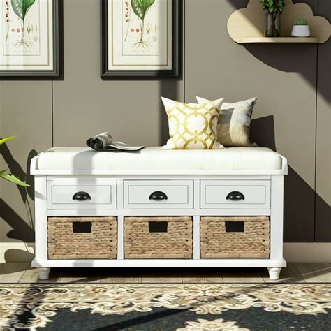 Classic Style Rustic Storage Bench With 3 Drawers And 3 Rattan Baskets
