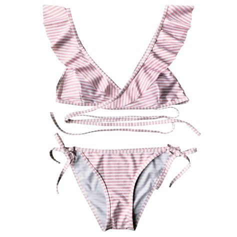 Zaful Striped Ruffle Strap Wrap String Bikini Set Bikini Set Summer