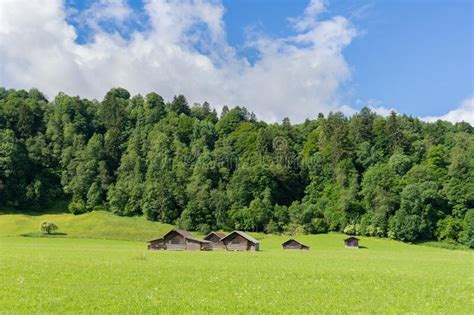 Traditional Wooden Barns On A Meadow In The Bavarian Alps Stock Image
