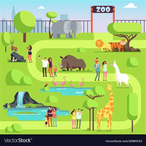 Cartoon Zoo With Visitors And Safari Animals Vector Image