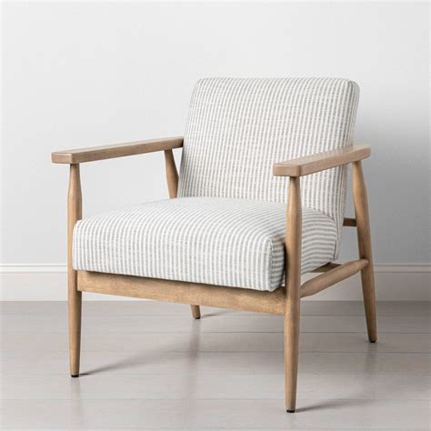 Upholstered Natural Wood Accent Chair Micro Stripe Grayoatmeal