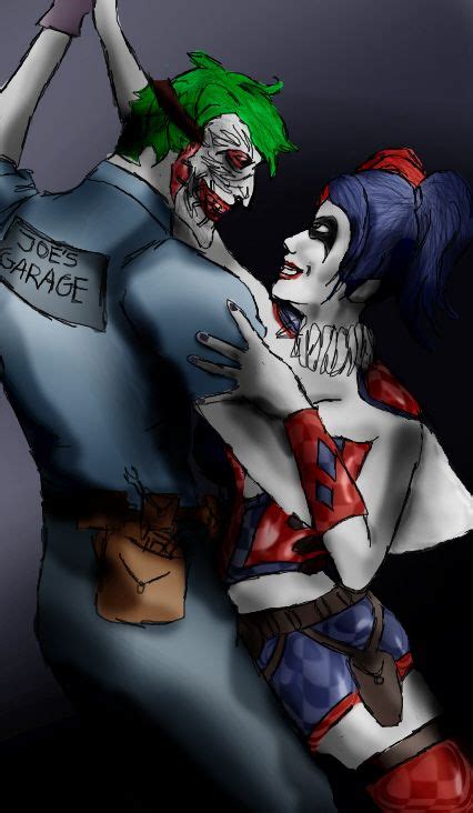 Two People Dressed As The Joker And Harley Hugging
