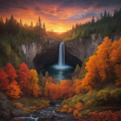 Premium Ai Image Multnomah Falls In Autumn Foliage Colors With
