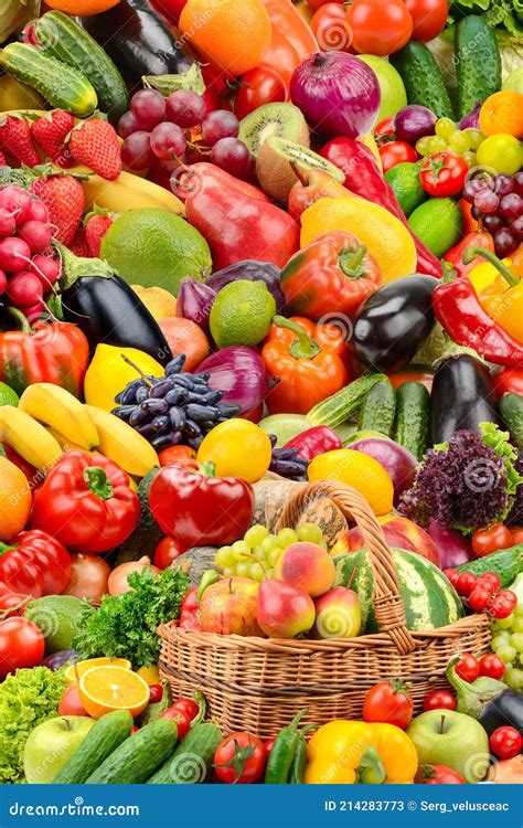 Vertical Background From Bright Fresh Healthy Vegetables And Fruits