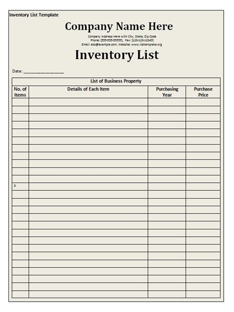 inventory list template  word templates