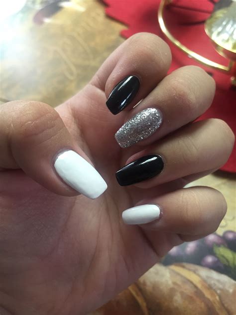 Coffin Nails~black, white, and silver | White and silver nails, Silver nail designs, Silver nails