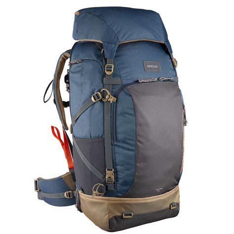 6 taschen vorne (nahrung/trinkflasche), 4 hinten (ausrüstung) nutzbar für 1 trinkblase à 1 l + 2 weiche flaschen à 500 ml FORCLAZ Travel 500 70L Men's Rucksack - Blue | Decathlon