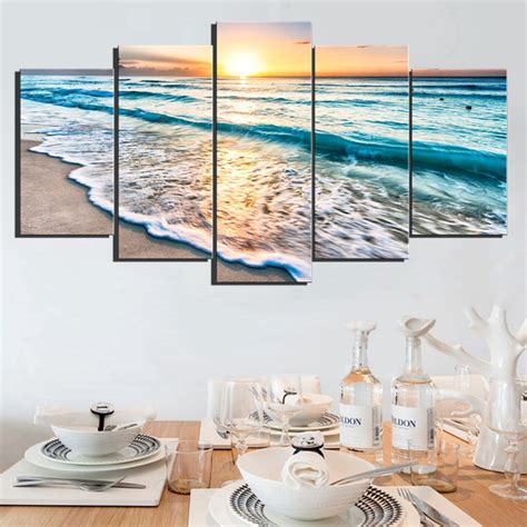 5 Panels Sunset Beach Wall Art Canvas Sea Wave Seascape Picture Prints