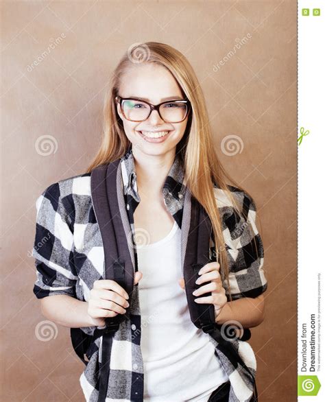 Young Happy Smiling Hipster Blond Girl With Backpack Ready To School