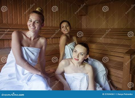 Three Women Enjoying A Hot Sauna Stock Image Image Of Bathroom Bucket 57694361