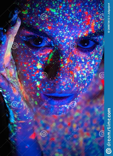 Model Woman In Neon Light Beautiful Model Girl With Fluorescent Makeup Art Design Of Disco