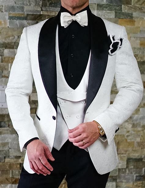 White Floral Mens Suits Groom Wedding Tuxedos Slim Groomsman Prom 3