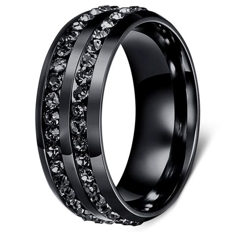 Mens Black Brushed Stainless Steel Ring Black Cubic Zirconia Inlay