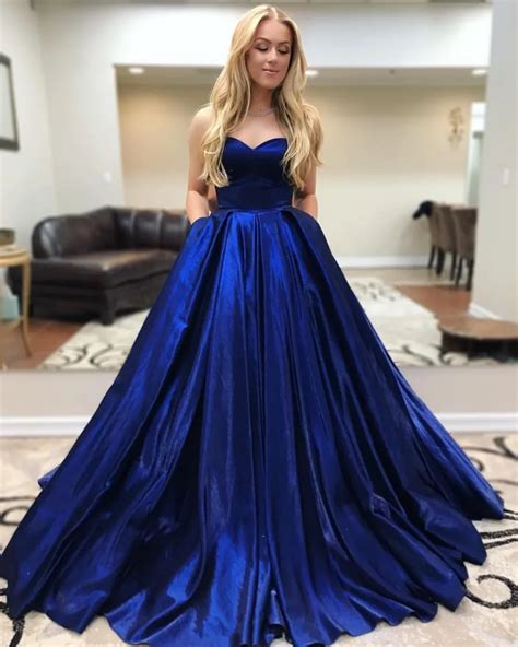 2019 New Royal Blue A Line Long Prom Dresses Sweetheart Pockest Teens Simple Prom Party Dress