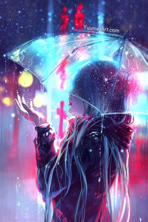 Yuumei Gadis Anime Payung Hujan Rambut Panjang Lampu Kota Karya Seni Seni Digital