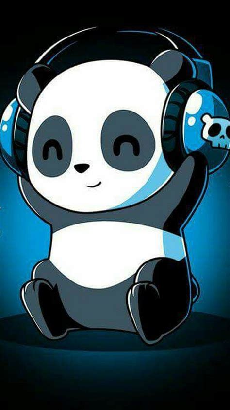 A Panda Bear With Headphones Sitting On Top Of Its Back And Listening