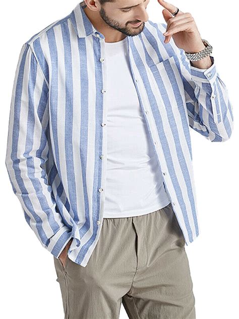 Mens Linen Striped Long Sleeve Basic Shirts Bottons Tops Slim T Shirt