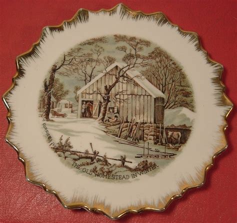 Vintage Currier And Ives The Old Homestead Winter Plate Gold Spiked Trim