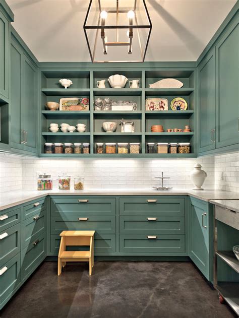 The hint of stainless steel from the overhead lights combines well with the stainless steel appliances. Turquoise Kitchen Cabinets | Houzz