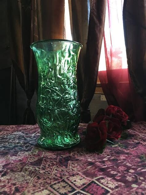 Vintage Brody Co Vase Green Glass Vase With Leaf Pattern Etsy
